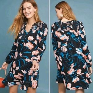 Anthropologie Maeve Ragonda Tunic Dress Black Motif Floral, Size 8